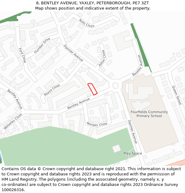 8, BENTLEY AVENUE, YAXLEY, PETERBOROUGH, PE7 3ZT: Location map and indicative extent of plot