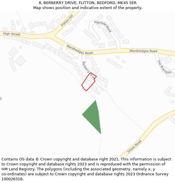 8, BERBERRY DRIVE, FLITTON, BEDFORD, MK45 5ER: Location map and indicative extent of plot