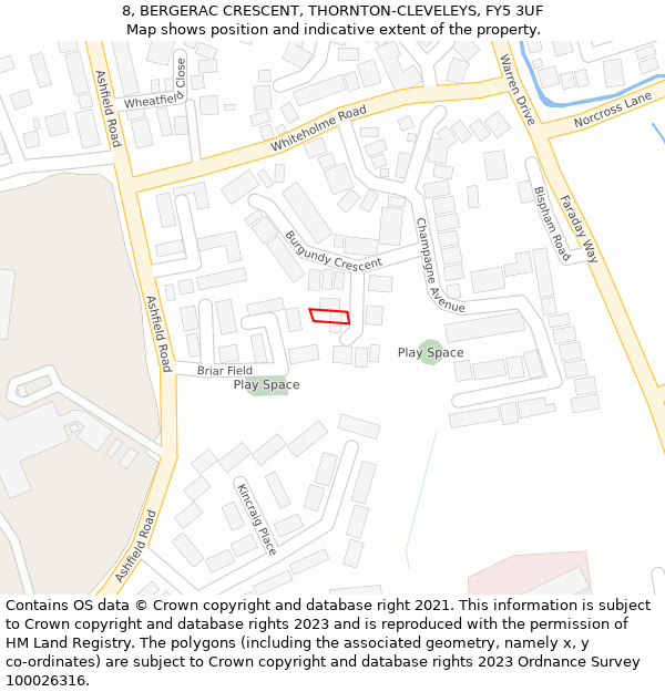 8, BERGERAC CRESCENT, THORNTON-CLEVELEYS, FY5 3UF: Location map and indicative extent of plot