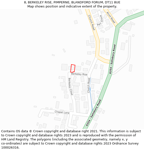 8, BERKELEY RISE, PIMPERNE, BLANDFORD FORUM, DT11 8UE: Location map and indicative extent of plot