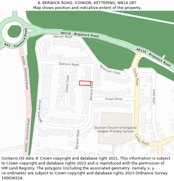 8, BERWICK ROAD, STANION, KETTERING, NN14 1BT: Location map and indicative extent of plot