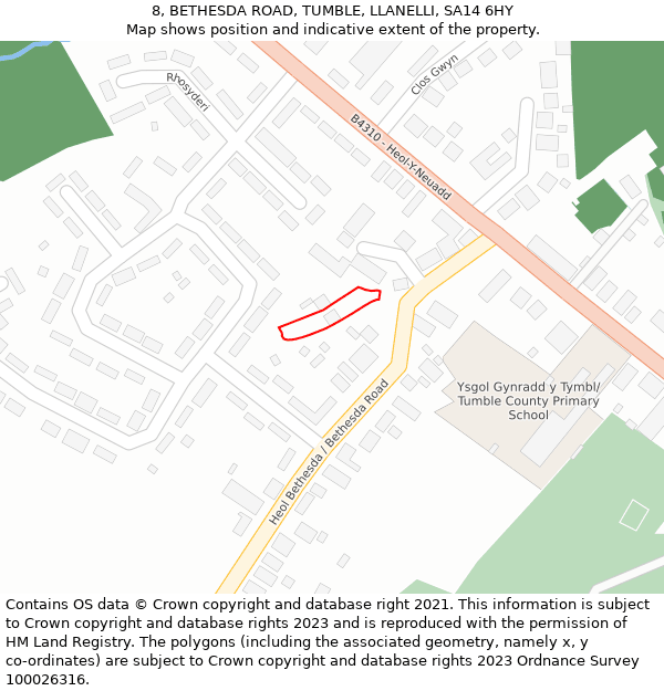 8, BETHESDA ROAD, TUMBLE, LLANELLI, SA14 6HY: Location map and indicative extent of plot