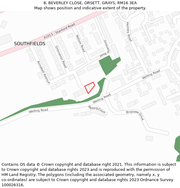 8, BEVERLEY CLOSE, ORSETT, GRAYS, RM16 3EA: Location map and indicative extent of plot