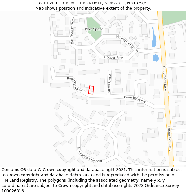 8, BEVERLEY ROAD, BRUNDALL, NORWICH, NR13 5QS: Location map and indicative extent of plot