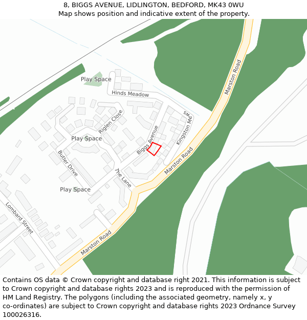 8, BIGGS AVENUE, LIDLINGTON, BEDFORD, MK43 0WU: Location map and indicative extent of plot