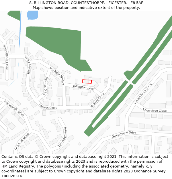 8, BILLINGTON ROAD, COUNTESTHORPE, LEICESTER, LE8 5AF: Location map and indicative extent of plot