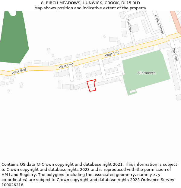 8, BIRCH MEADOWS, HUNWICK, CROOK, DL15 0LD: Location map and indicative extent of plot