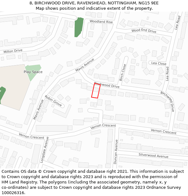 8, BIRCHWOOD DRIVE, RAVENSHEAD, NOTTINGHAM, NG15 9EE: Location map and indicative extent of plot