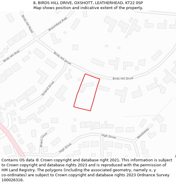 8, BIRDS HILL DRIVE, OXSHOTT, LEATHERHEAD, KT22 0SP: Location map and indicative extent of plot