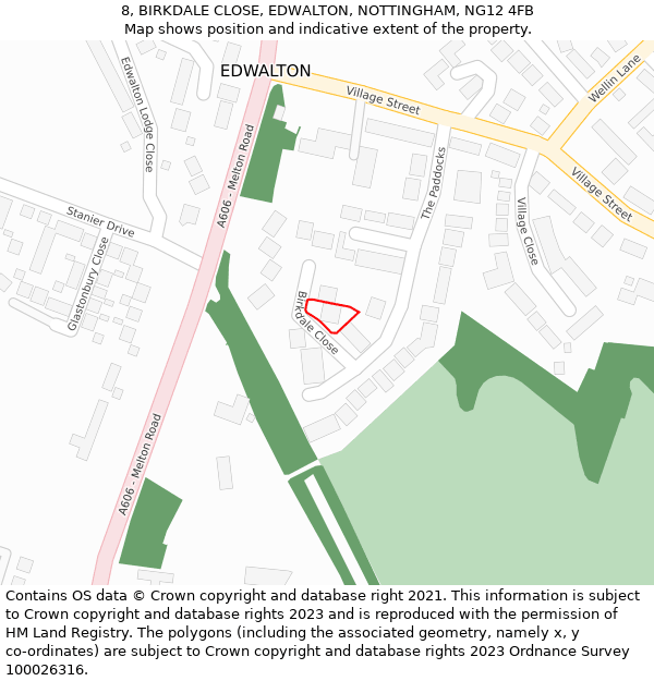 8, BIRKDALE CLOSE, EDWALTON, NOTTINGHAM, NG12 4FB: Location map and indicative extent of plot