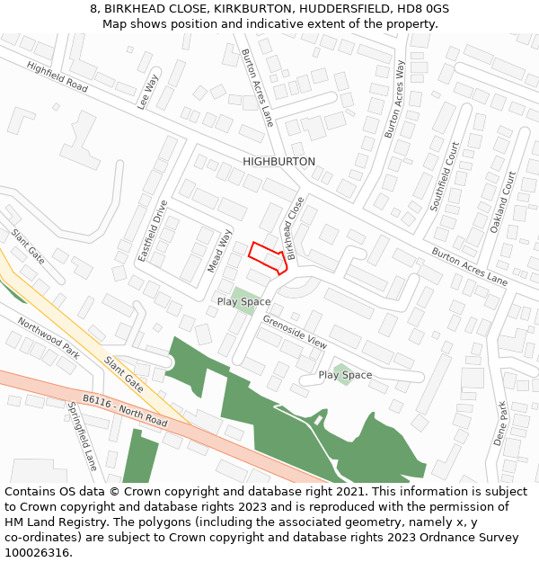 8, BIRKHEAD CLOSE, KIRKBURTON, HUDDERSFIELD, HD8 0GS: Location map and indicative extent of plot