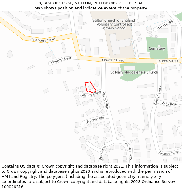 8, BISHOP CLOSE, STILTON, PETERBOROUGH, PE7 3XJ: Location map and indicative extent of plot