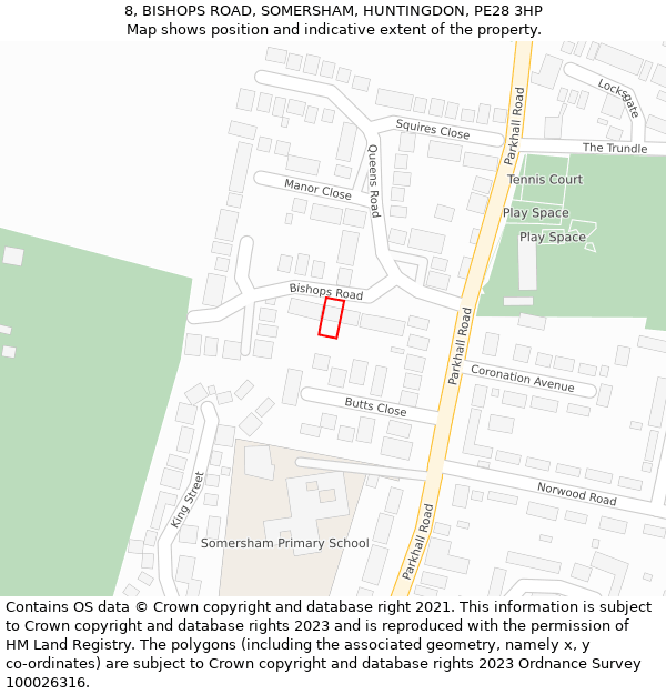 8, BISHOPS ROAD, SOMERSHAM, HUNTINGDON, PE28 3HP: Location map and indicative extent of plot