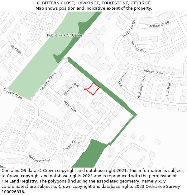 8, BITTERN CLOSE, HAWKINGE, FOLKESTONE, CT18 7GF: Location map and indicative extent of plot