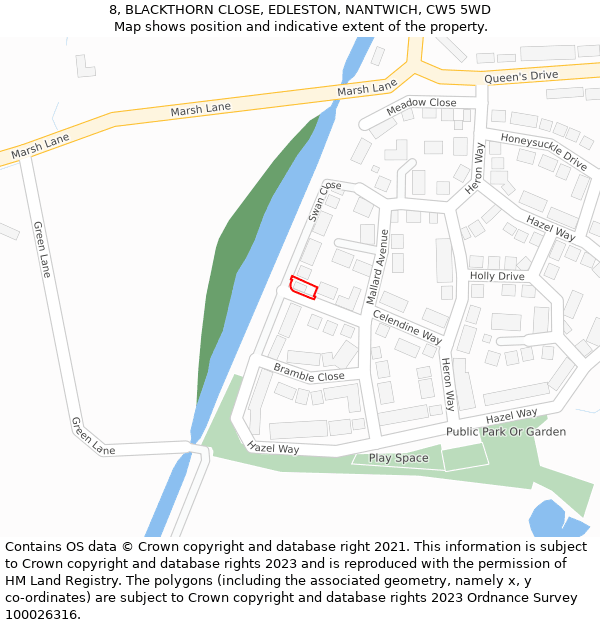 8, BLACKTHORN CLOSE, EDLESTON, NANTWICH, CW5 5WD: Location map and indicative extent of plot