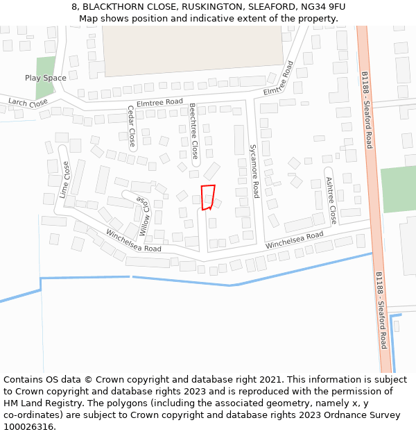 8, BLACKTHORN CLOSE, RUSKINGTON, SLEAFORD, NG34 9FU: Location map and indicative extent of plot