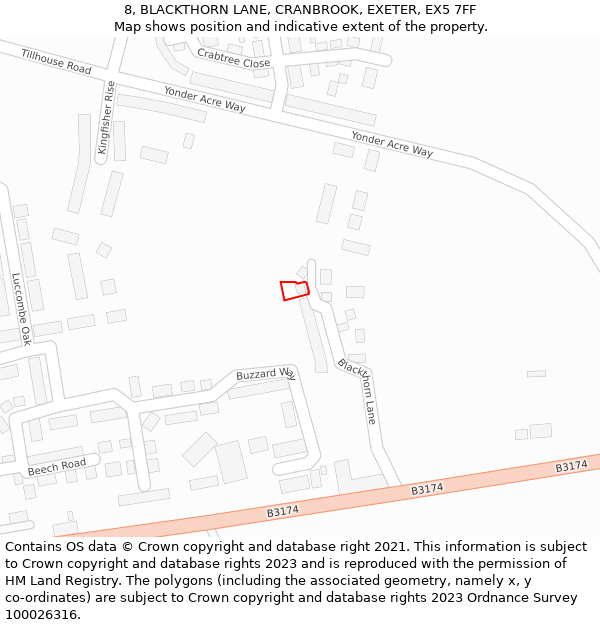 8, BLACKTHORN LANE, CRANBROOK, EXETER, EX5 7FF: Location map and indicative extent of plot