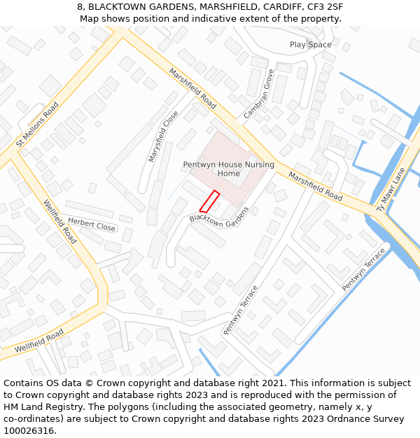 8, BLACKTOWN GARDENS, MARSHFIELD, CARDIFF, CF3 2SF: Location map and indicative extent of plot