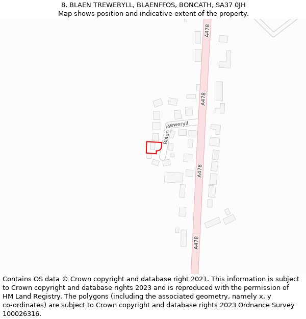 8, BLAEN TREWERYLL, BLAENFFOS, BONCATH, SA37 0JH: Location map and indicative extent of plot