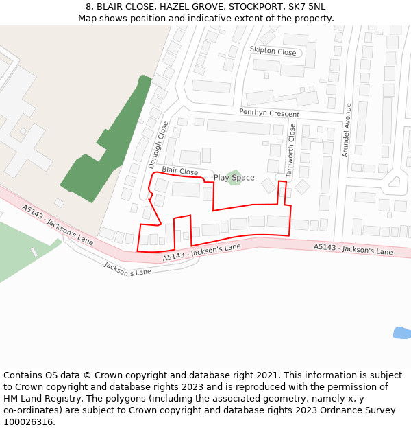 8, BLAIR CLOSE, HAZEL GROVE, STOCKPORT, SK7 5NL: Location map and indicative extent of plot