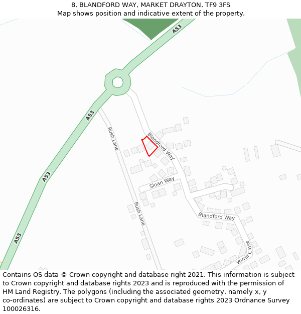 8, BLANDFORD WAY, MARKET DRAYTON, TF9 3FS: Location map and indicative extent of plot