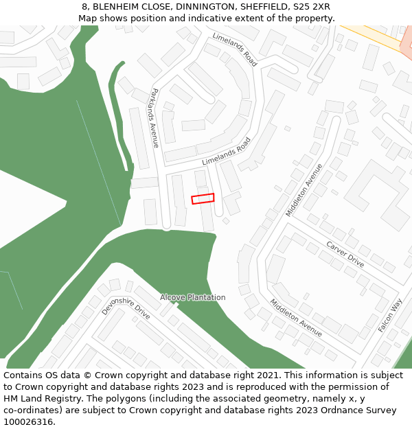 8, BLENHEIM CLOSE, DINNINGTON, SHEFFIELD, S25 2XR: Location map and indicative extent of plot