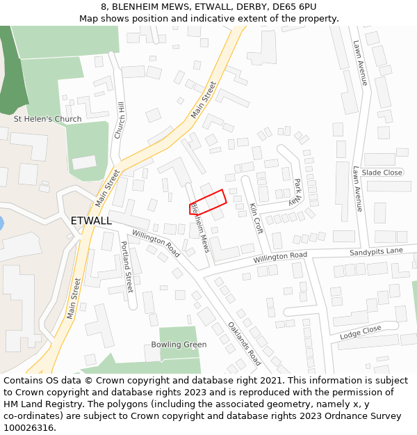 8, BLENHEIM MEWS, ETWALL, DERBY, DE65 6PU: Location map and indicative extent of plot