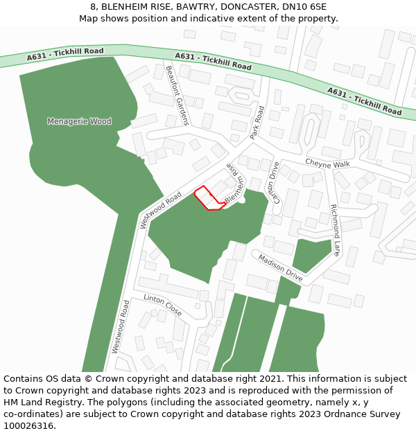 8, BLENHEIM RISE, BAWTRY, DONCASTER, DN10 6SE: Location map and indicative extent of plot