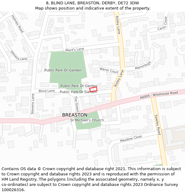 8, BLIND LANE, BREASTON, DERBY, DE72 3DW: Location map and indicative extent of plot