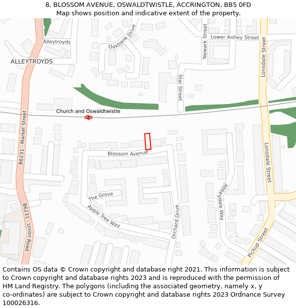 8, BLOSSOM AVENUE, OSWALDTWISTLE, ACCRINGTON, BB5 0FD: Location map and indicative extent of plot