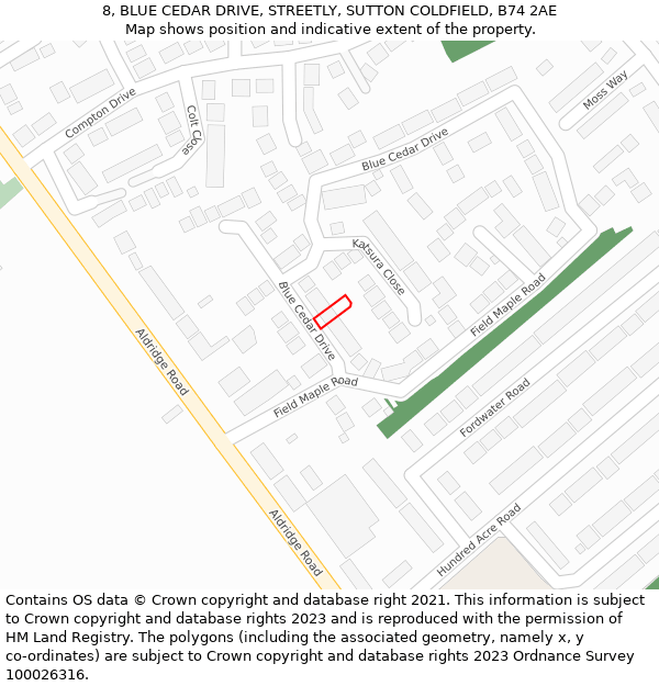 8, BLUE CEDAR DRIVE, STREETLY, SUTTON COLDFIELD, B74 2AE: Location map and indicative extent of plot