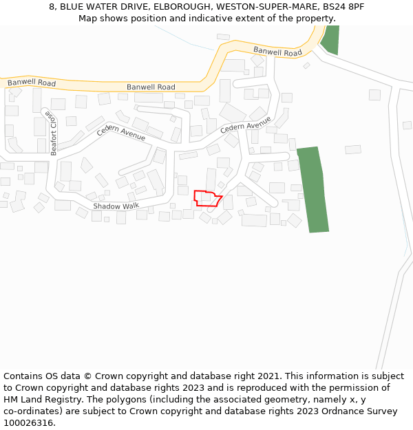 8, BLUE WATER DRIVE, ELBOROUGH, WESTON-SUPER-MARE, BS24 8PF: Location map and indicative extent of plot