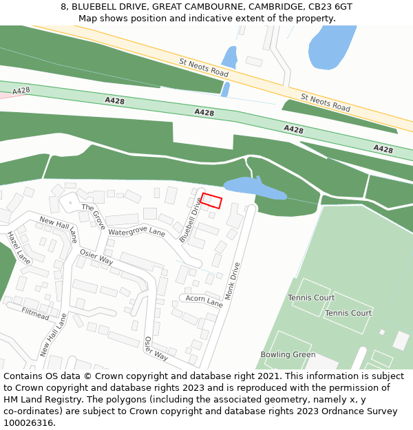 8, BLUEBELL DRIVE, GREAT CAMBOURNE, CAMBRIDGE, CB23 6GT: Location map and indicative extent of plot