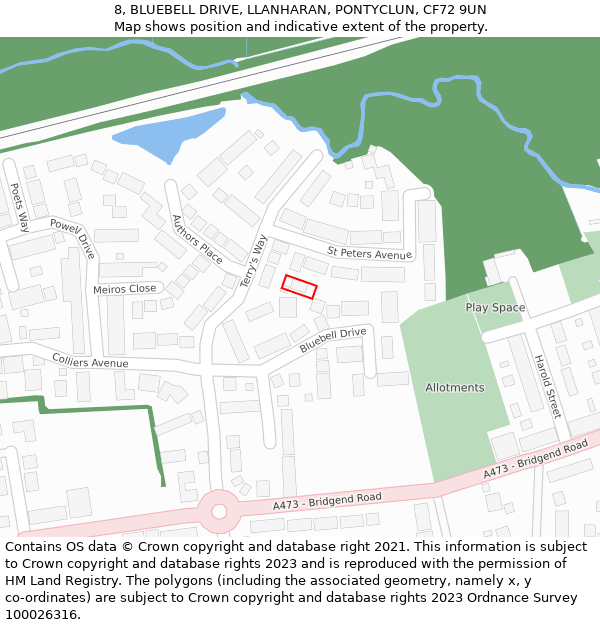 8, BLUEBELL DRIVE, LLANHARAN, PONTYCLUN, CF72 9UN: Location map and indicative extent of plot