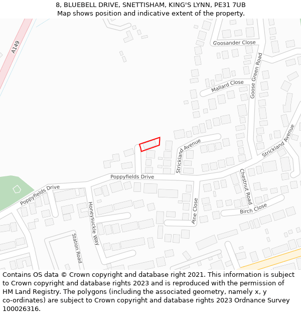 8, BLUEBELL DRIVE, SNETTISHAM, KING'S LYNN, PE31 7UB: Location map and indicative extent of plot