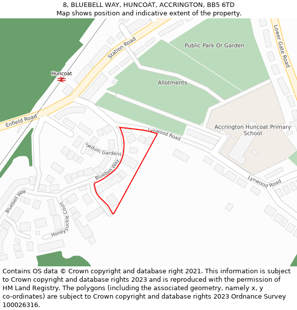 8, BLUEBELL WAY, HUNCOAT, ACCRINGTON, BB5 6TD: Location map and indicative extent of plot