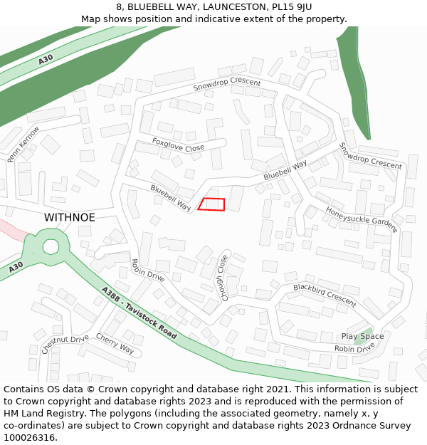 8, BLUEBELL WAY, LAUNCESTON, PL15 9JU: Location map and indicative extent of plot