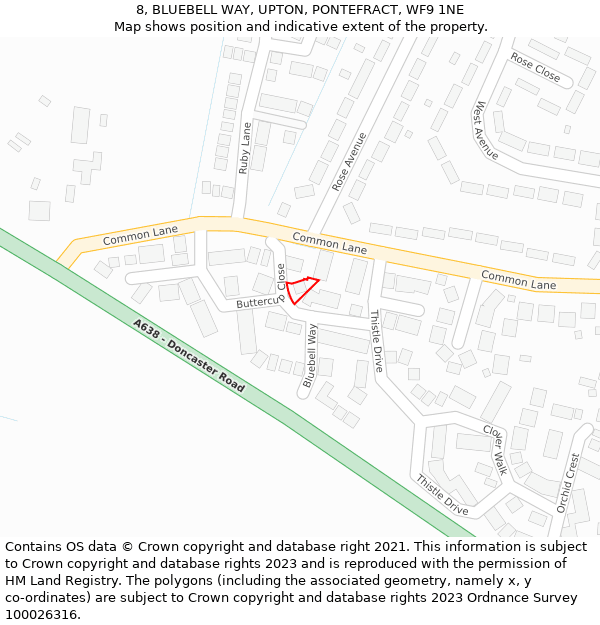 8, BLUEBELL WAY, UPTON, PONTEFRACT, WF9 1NE: Location map and indicative extent of plot