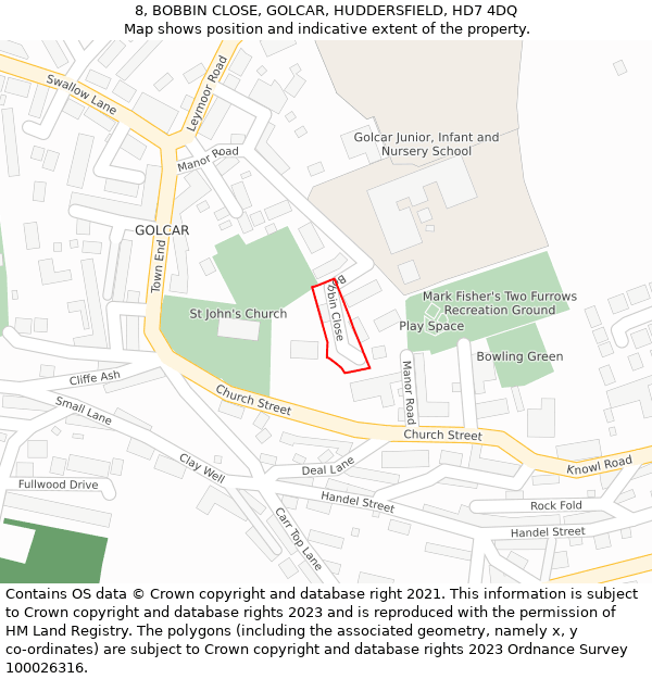 8, BOBBIN CLOSE, GOLCAR, HUDDERSFIELD, HD7 4DQ: Location map and indicative extent of plot