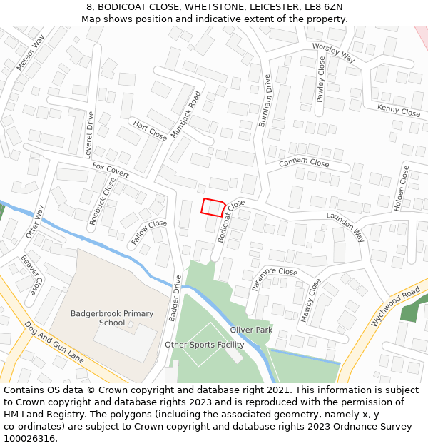 8, BODICOAT CLOSE, WHETSTONE, LEICESTER, LE8 6ZN: Location map and indicative extent of plot