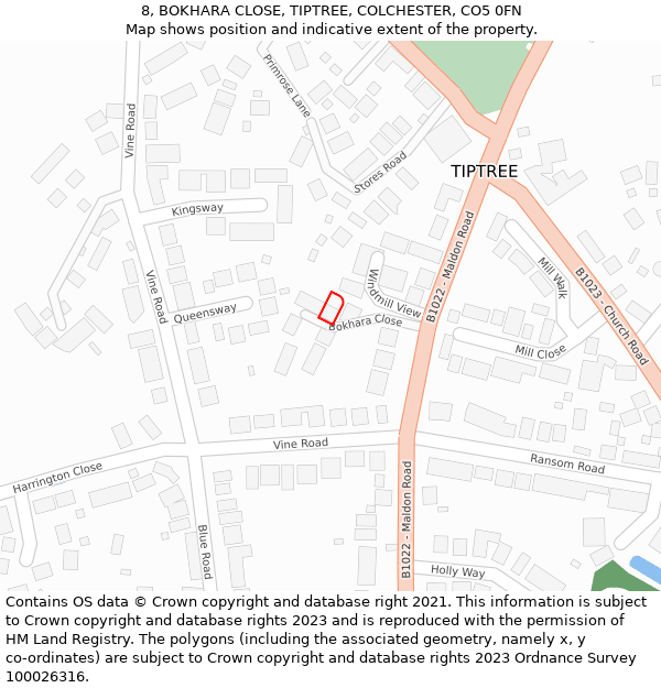 8, BOKHARA CLOSE, TIPTREE, COLCHESTER, CO5 0FN: Location map and indicative extent of plot