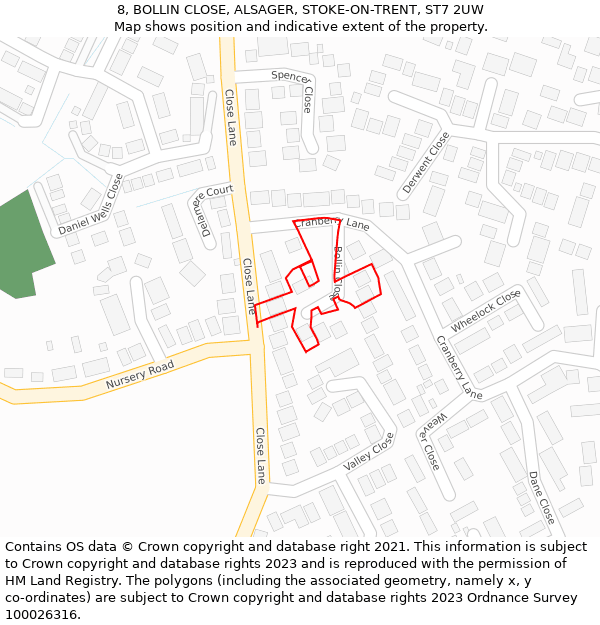 8, BOLLIN CLOSE, ALSAGER, STOKE-ON-TRENT, ST7 2UW: Location map and indicative extent of plot