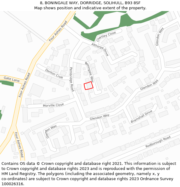 8, BONINGALE WAY, DORRIDGE, SOLIHULL, B93 8SF: Location map and indicative extent of plot