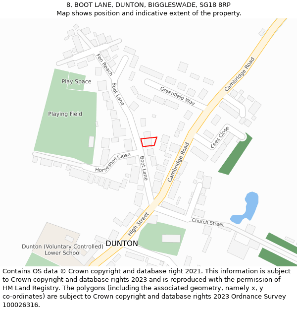 8, BOOT LANE, DUNTON, BIGGLESWADE, SG18 8RP: Location map and indicative extent of plot