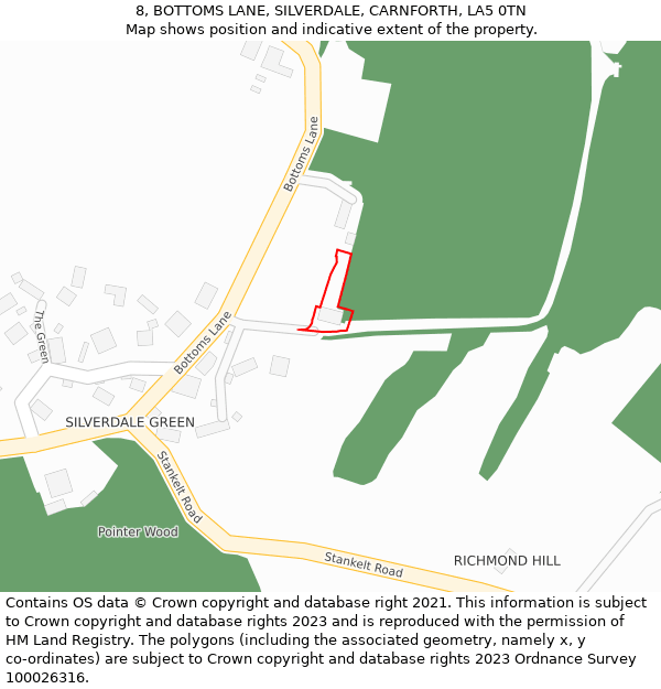 8, BOTTOMS LANE, SILVERDALE, CARNFORTH, LA5 0TN: Location map and indicative extent of plot