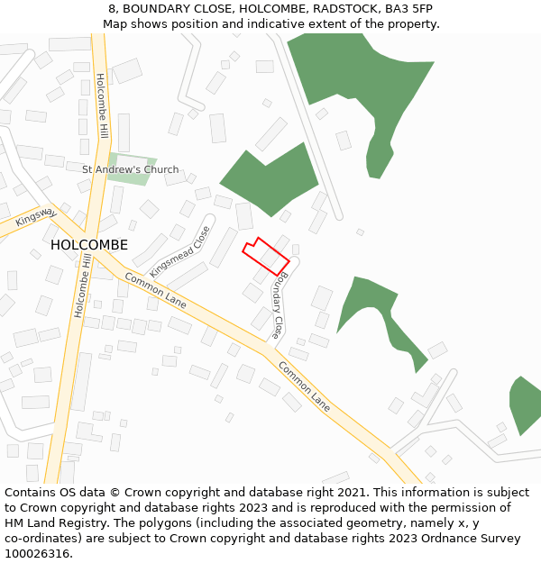 8, BOUNDARY CLOSE, HOLCOMBE, RADSTOCK, BA3 5FP: Location map and indicative extent of plot