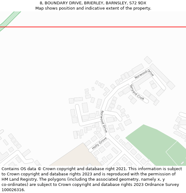 8, BOUNDARY DRIVE, BRIERLEY, BARNSLEY, S72 9DX: Location map and indicative extent of plot