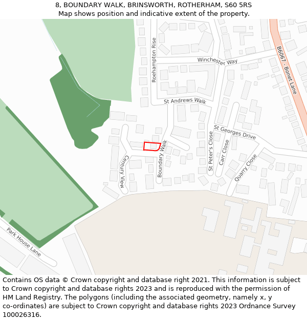 8, BOUNDARY WALK, BRINSWORTH, ROTHERHAM, S60 5RS: Location map and indicative extent of plot