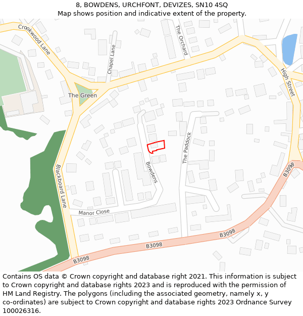 8, BOWDENS, URCHFONT, DEVIZES, SN10 4SQ: Location map and indicative extent of plot