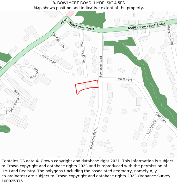 8, BOWLACRE ROAD, HYDE, SK14 5ES: Location map and indicative extent of plot